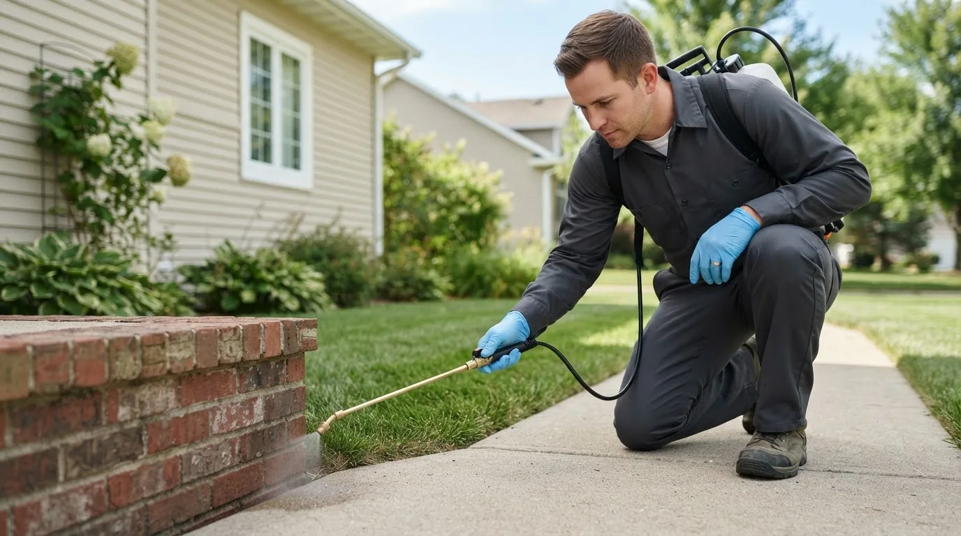 Pest control technician treating a home near Michigantown, IN